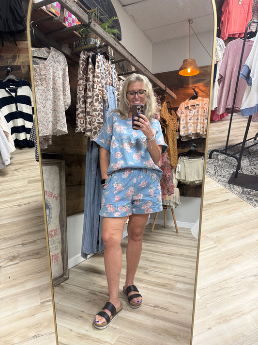 Floral Cuffed Short Sleeve Top Loose Shorts 2pcs Denim Set