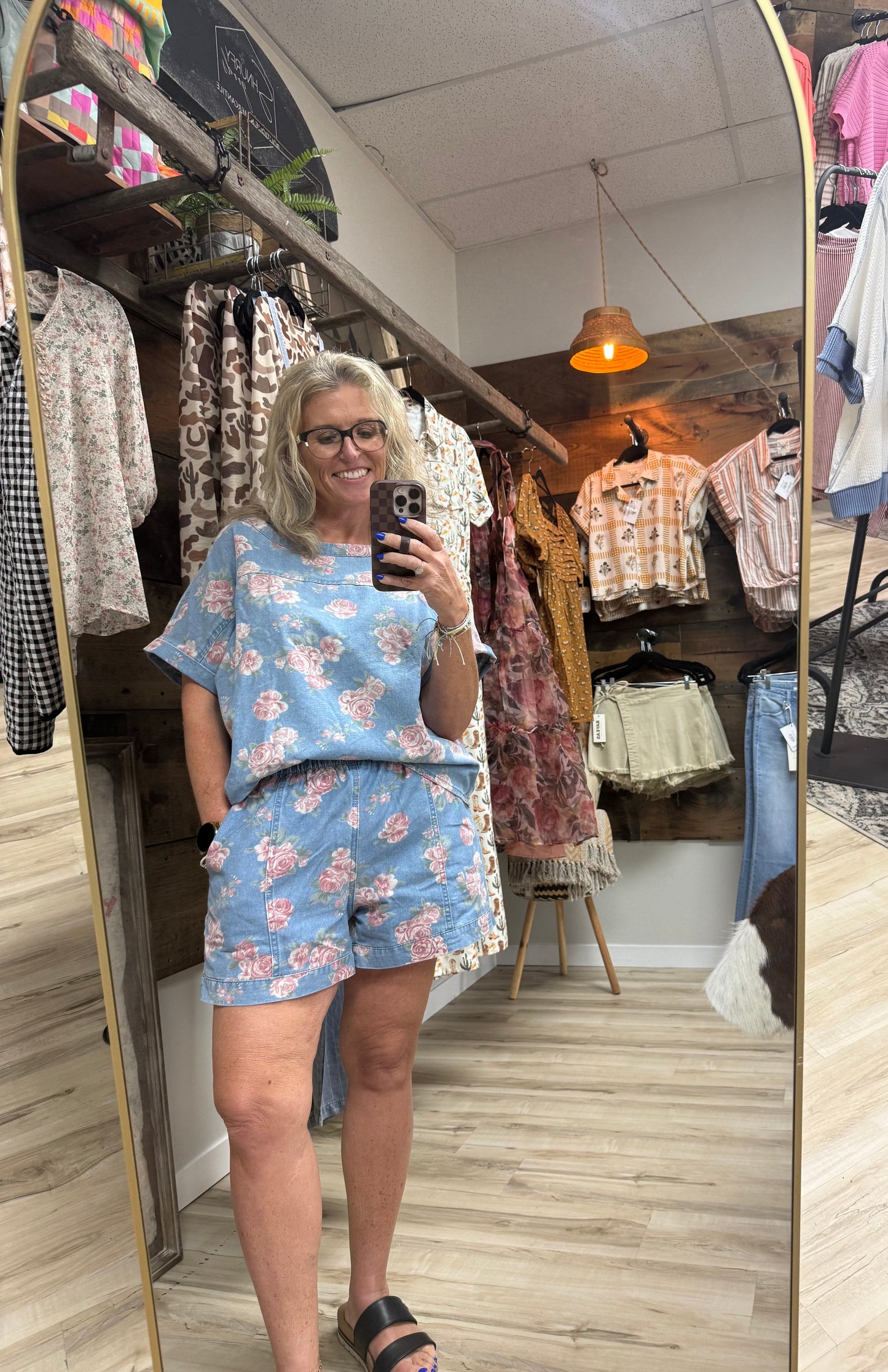 Floral Cuffed Short Sleeve Top Loose Shorts 2pcs Denim Set