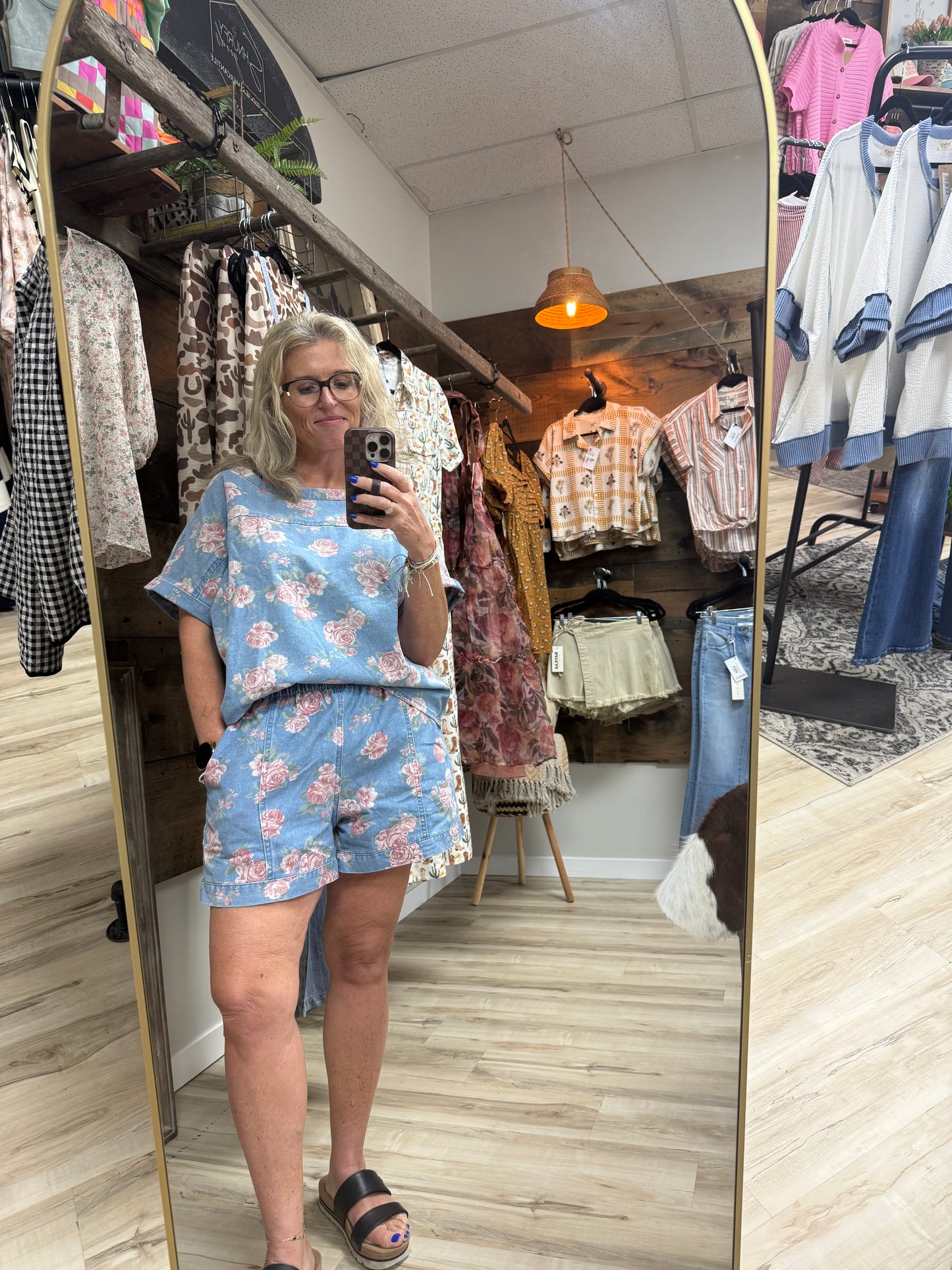 Floral Cuffed Short Sleeve Top Loose Shorts 2pcs Denim Set