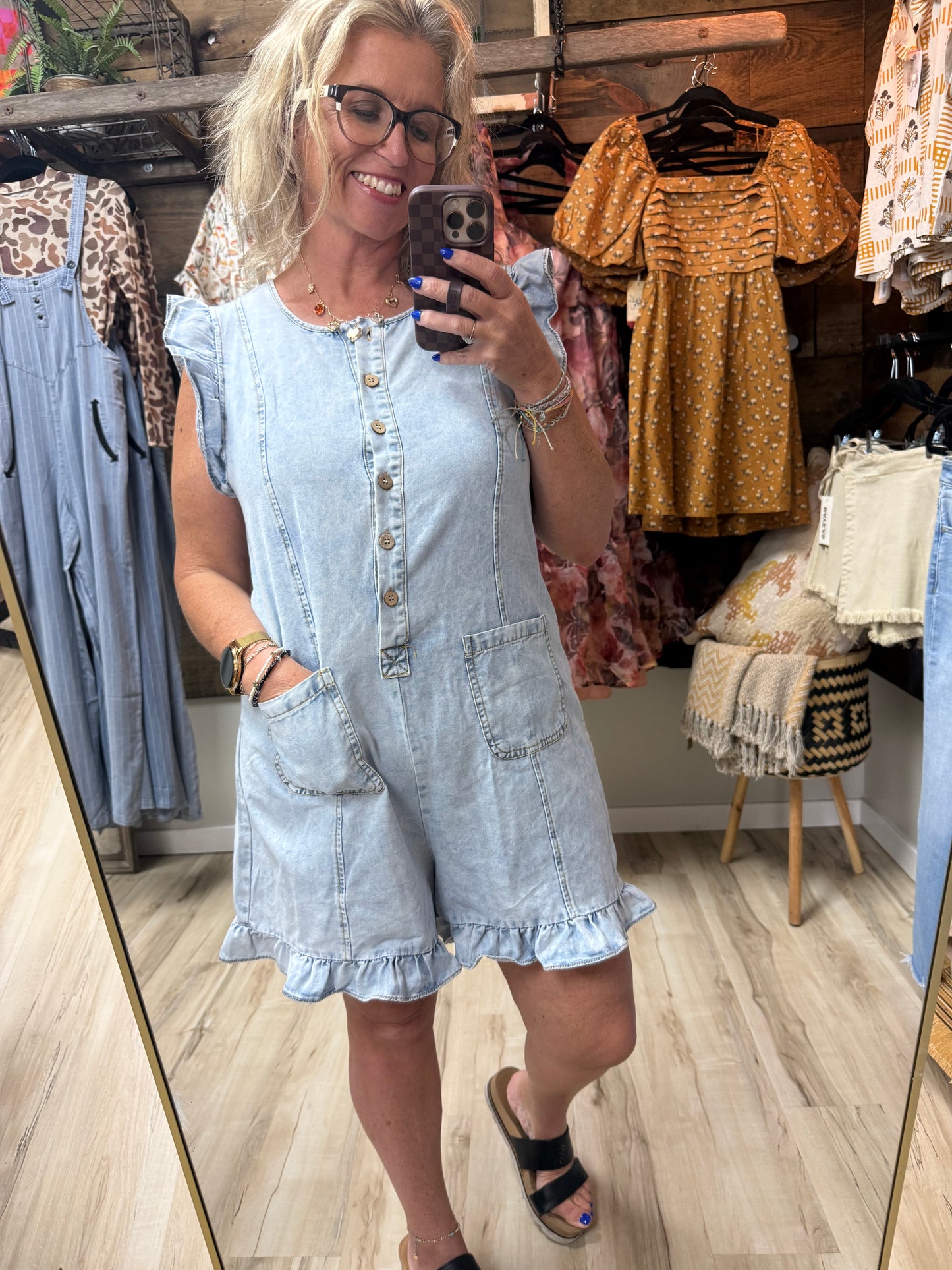Sweet Chelsea Ruffle Denim Romper