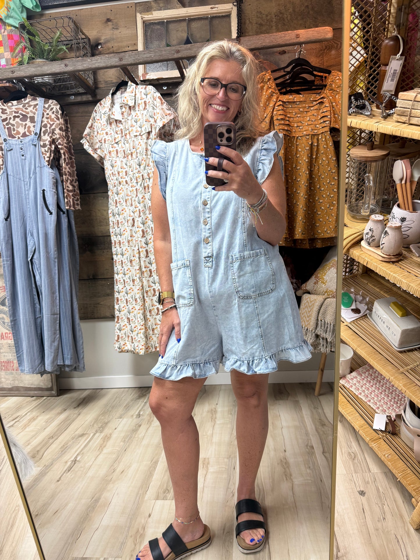 Sweet Chelsea Ruffle Denim Romper