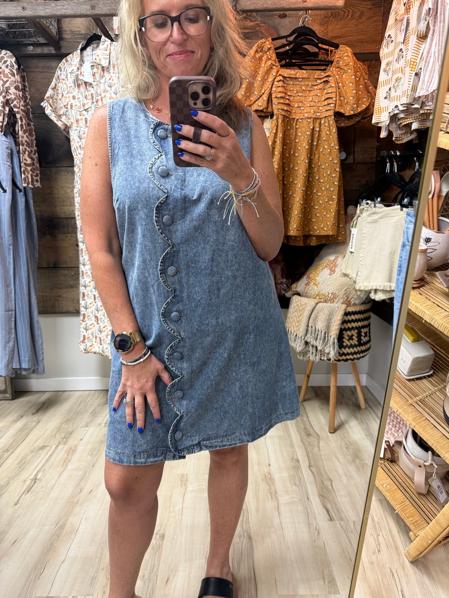 Sweet Jessi Scallop Button Washed Denim Mini Dress