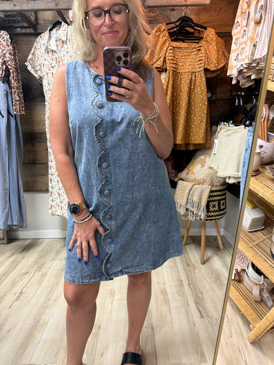 Sweet Jessi Scallop Button Washed Denim Mini Dress