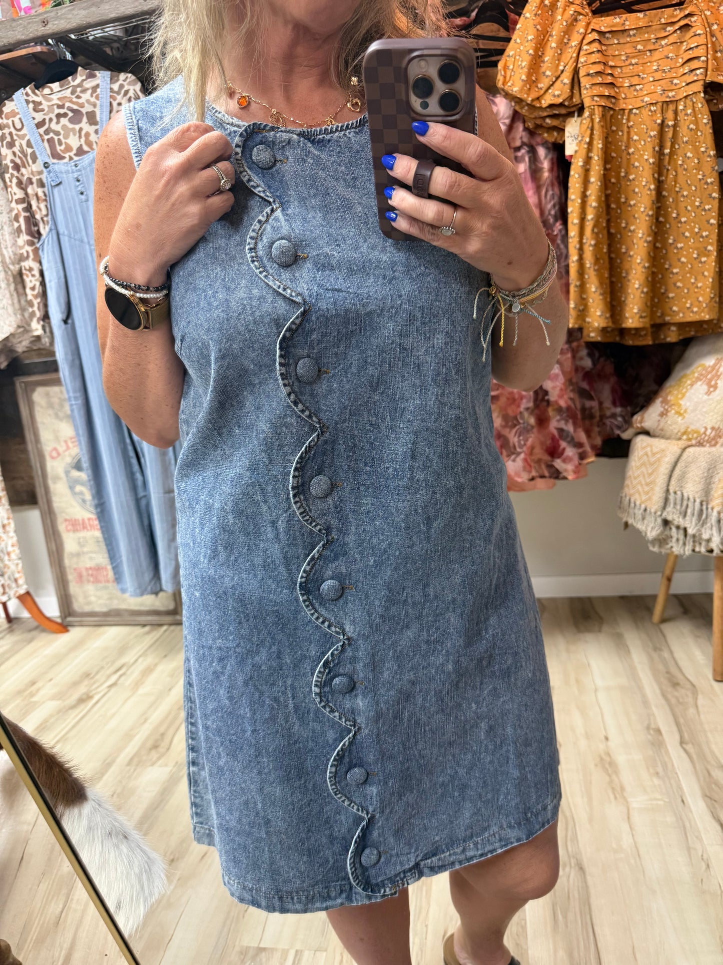 Sweet Jessi Scallop Button Washed Denim Mini Dress