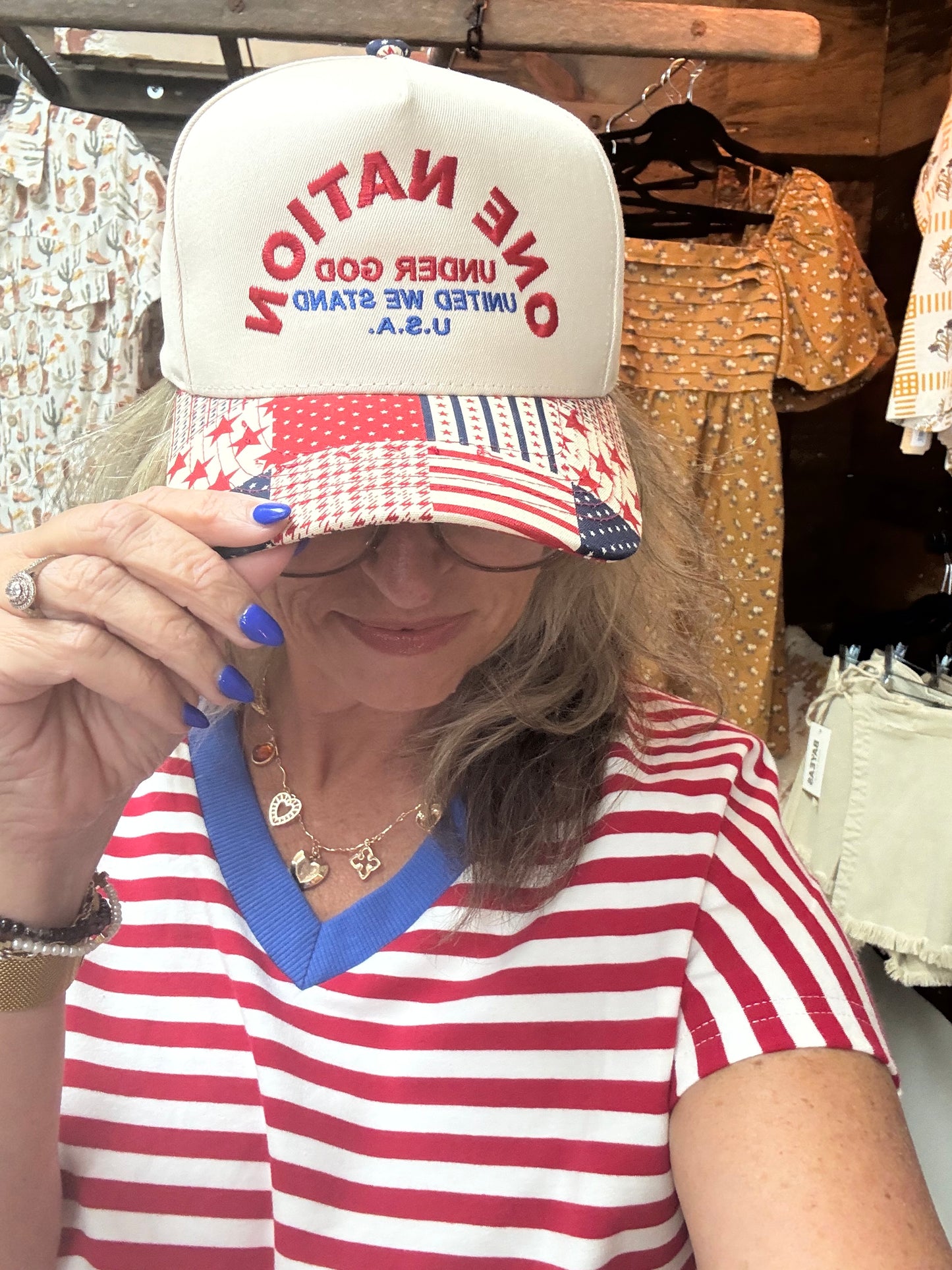 ONE NATION UNDER GOD Embroidered Patchwork Brim Trucker Hat