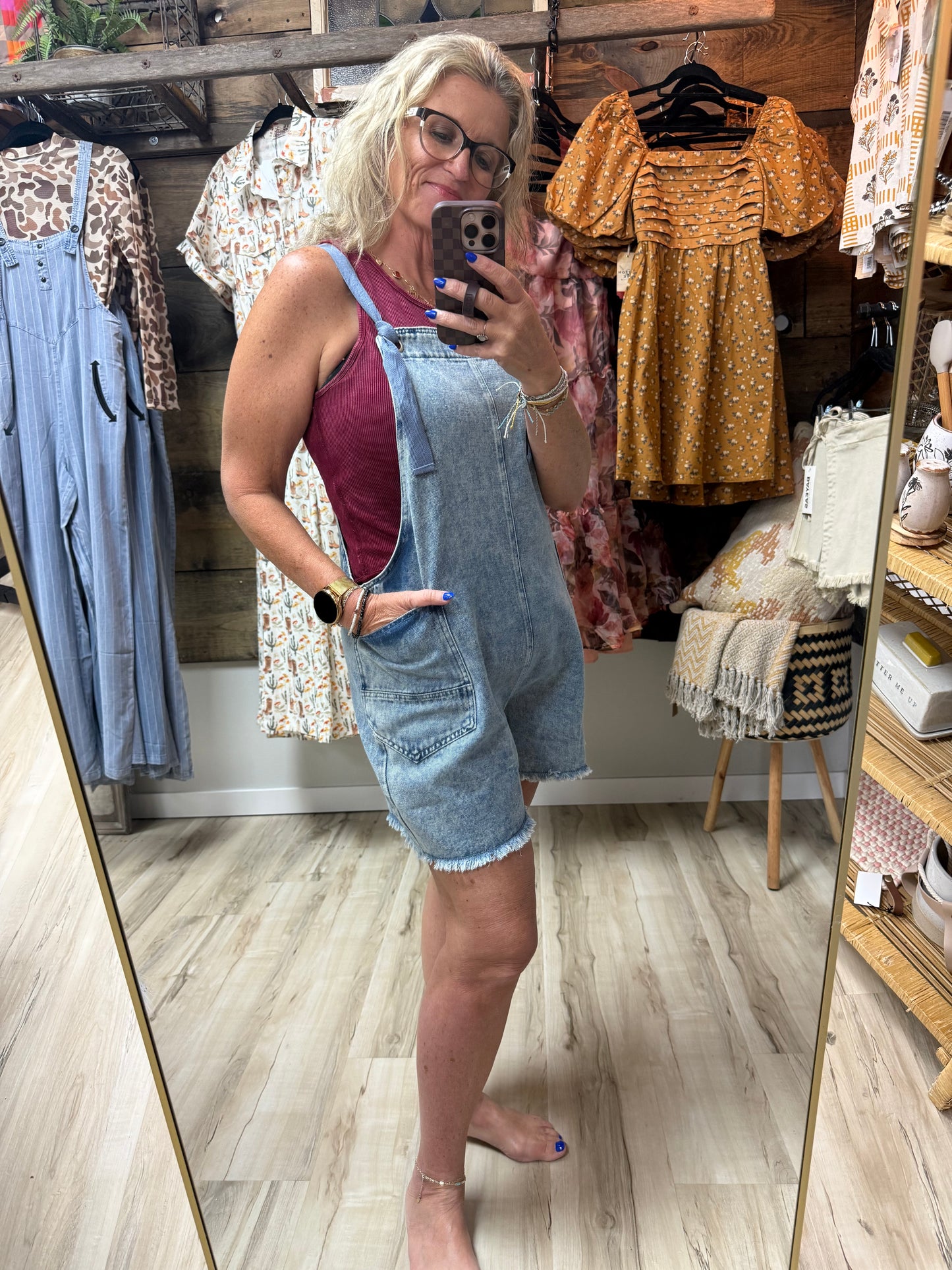 Color Me Cute Washed Denim Pocket Overall Romper