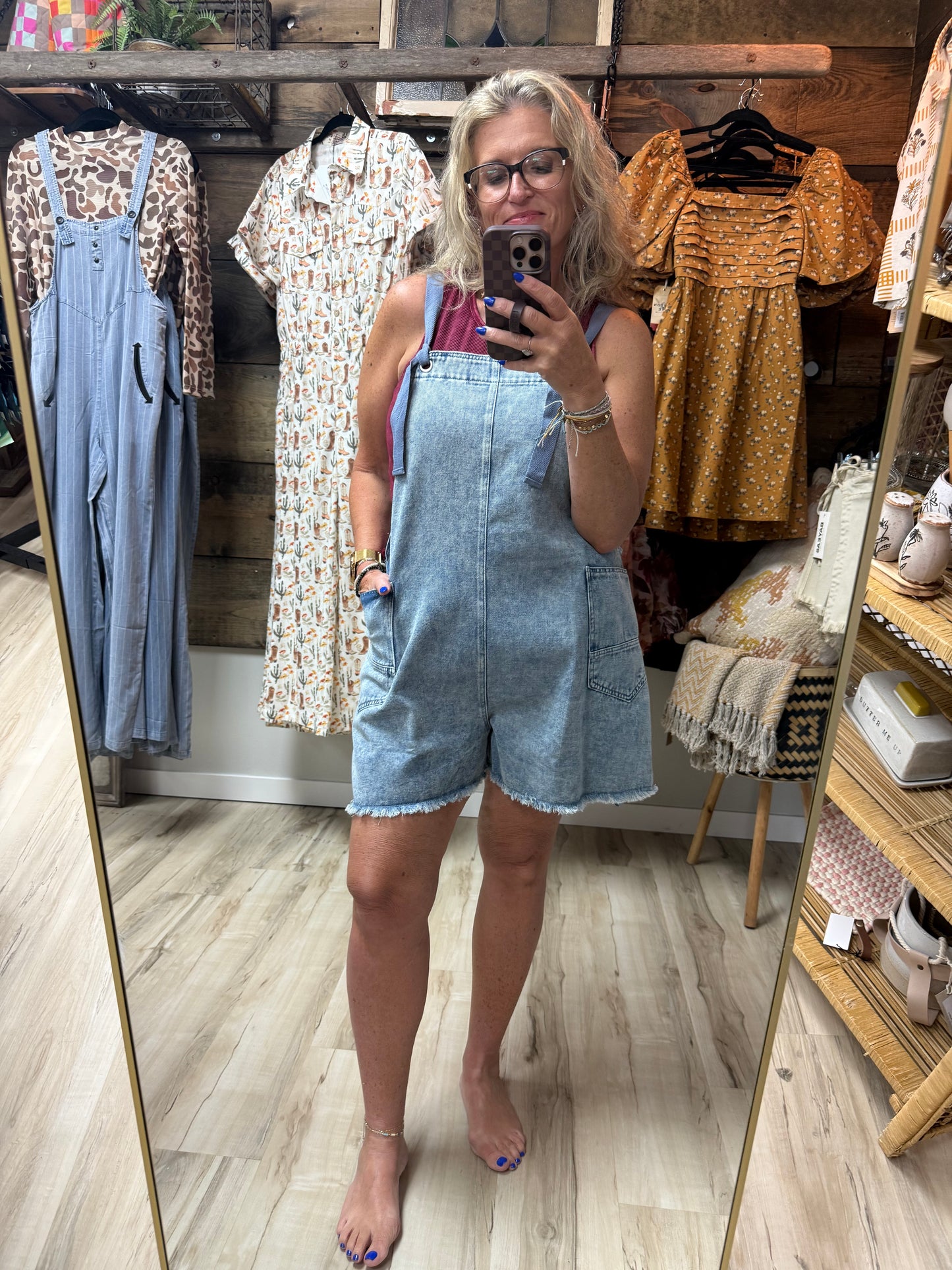 Color Me Cute Washed Denim Pocket Overall Romper
