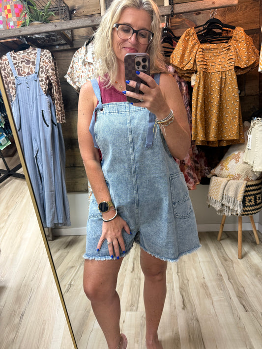 Color Me Cute Washed Denim Pocket Overall Romper