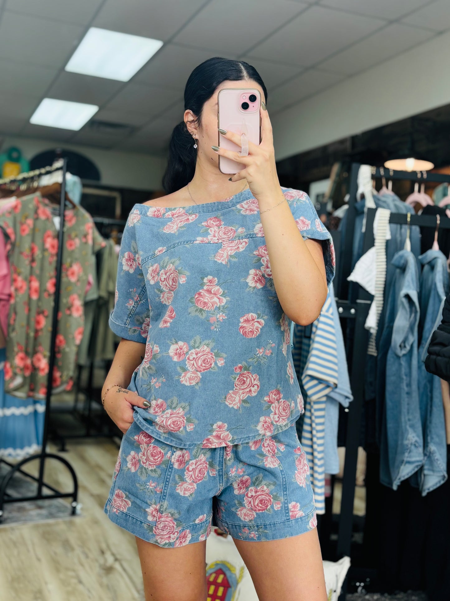 Floral Cuffed Short Sleeve Top Loose Shorts 2pcs Denim Set