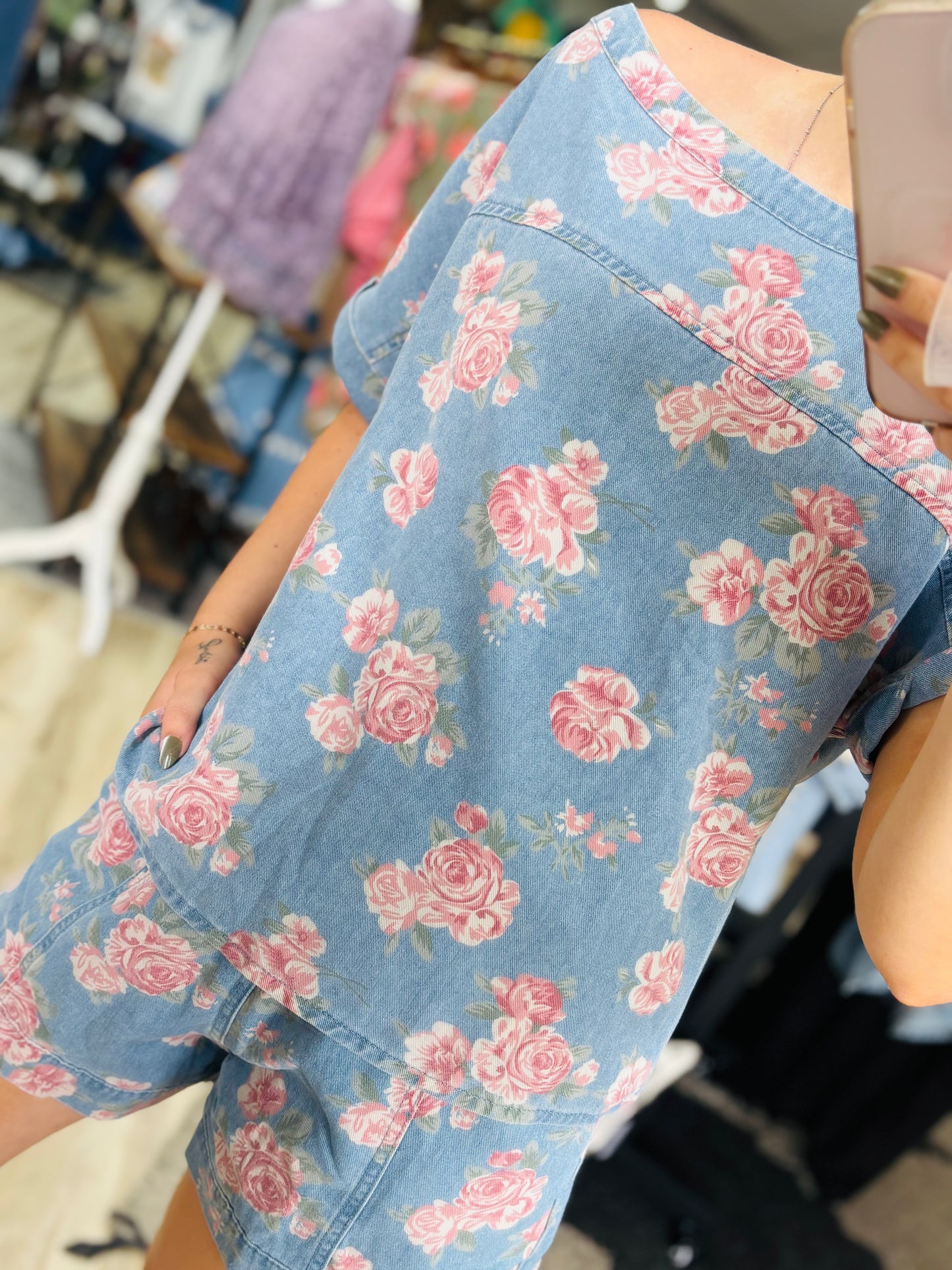 Floral Cuffed Short Sleeve Top Loose Shorts 2pcs Denim Set