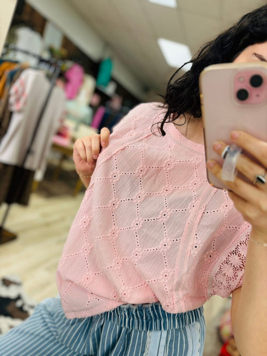 PRECIOUS PINK FLOWER EYELET KNIT CROCHET TRIM SLEEVES TOP