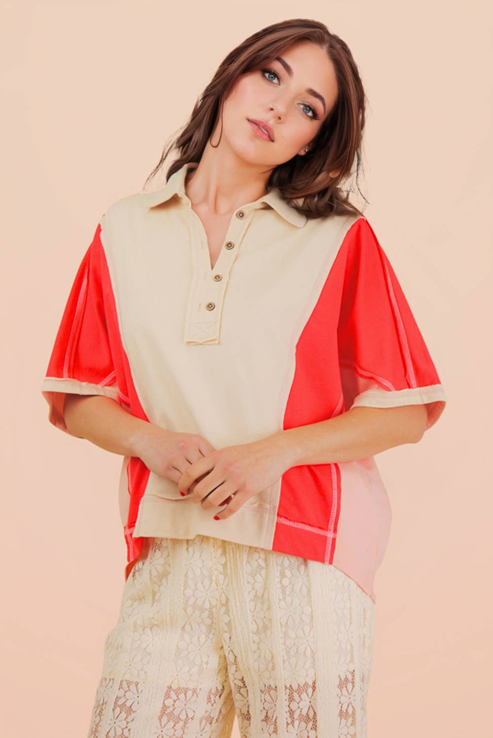 Oversized Dolman Sleeve Color Block Casual Top