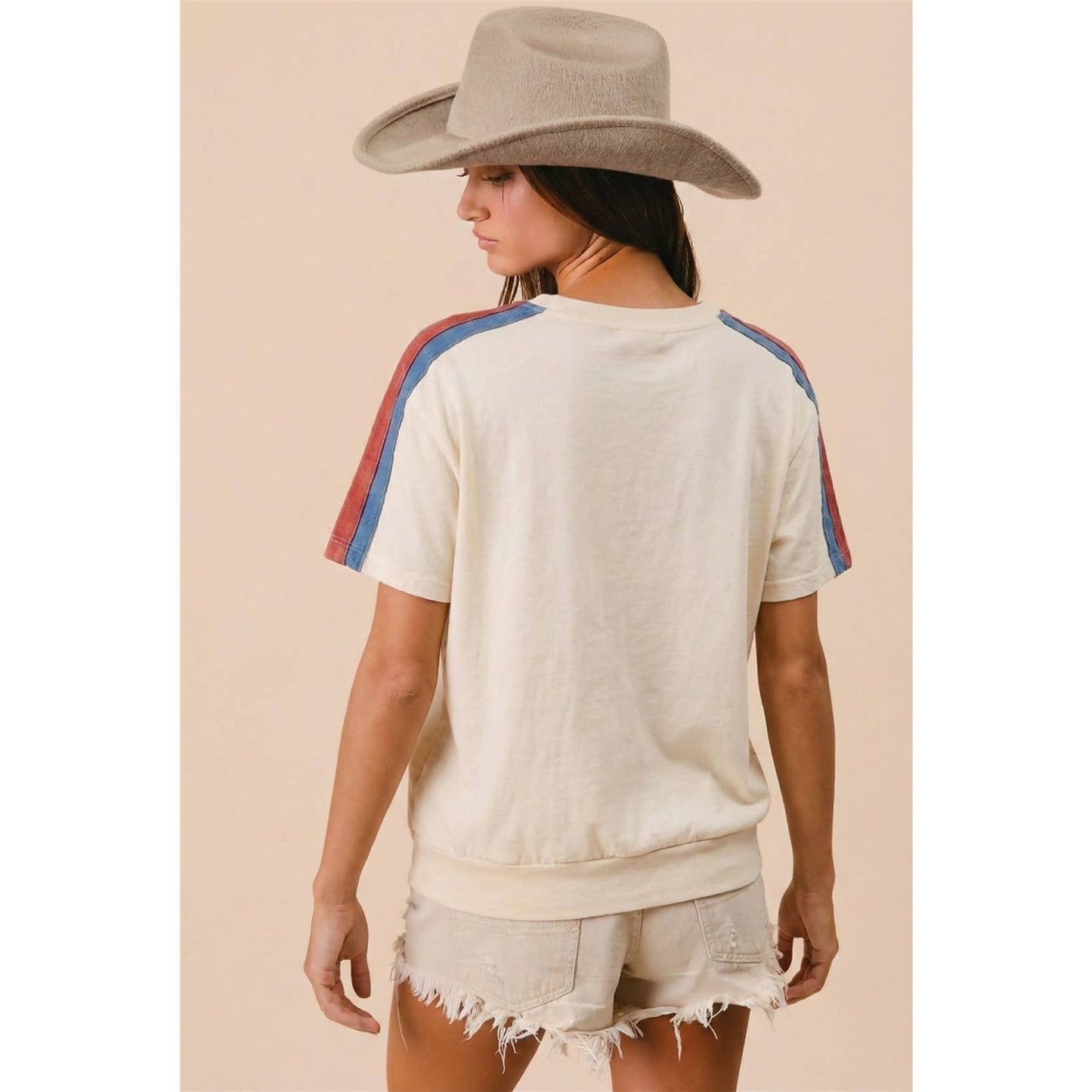4TH OF JULY COLOR BLOCK STAR PATCHED SHORT SLEEVE TOP