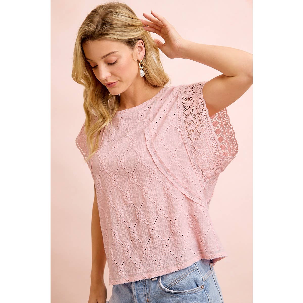 PRECIOUS PINK FLOWER EYELET KNIT CROCHET TRIM SLEEVES TOP