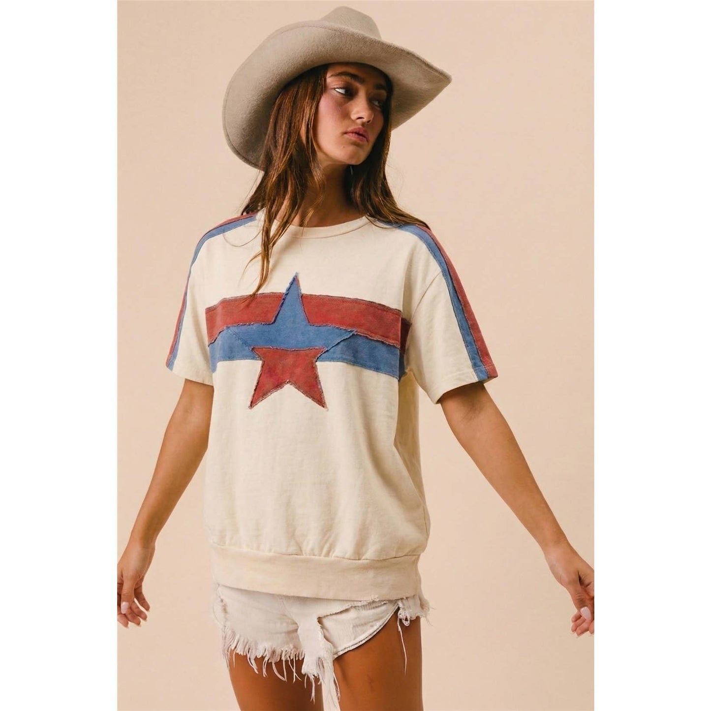 4TH OF JULY COLOR BLOCK STAR PATCHED SHORT SLEEVE TOP