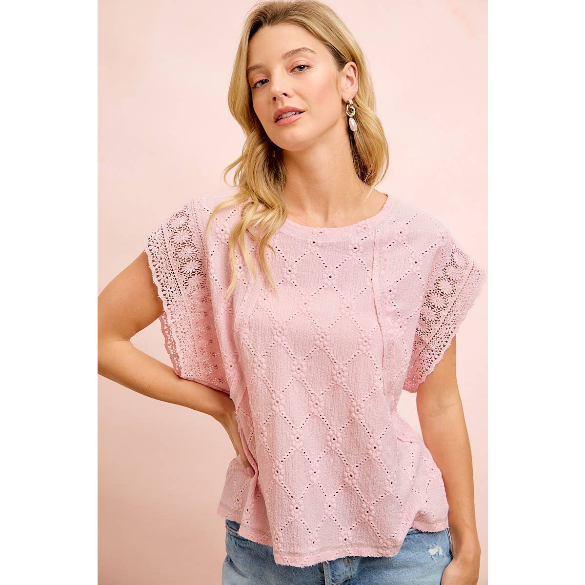 PRECIOUS PINK FLOWER EYELET KNIT CROCHET TRIM SLEEVES TOP