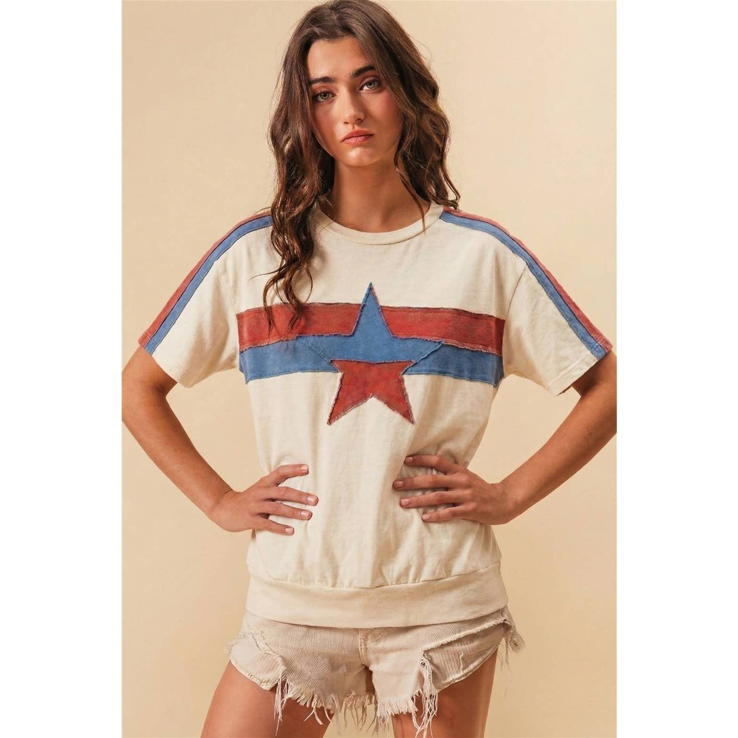 4TH OF JULY COLOR BLOCK STAR PATCHED SHORT SLEEVE TOP