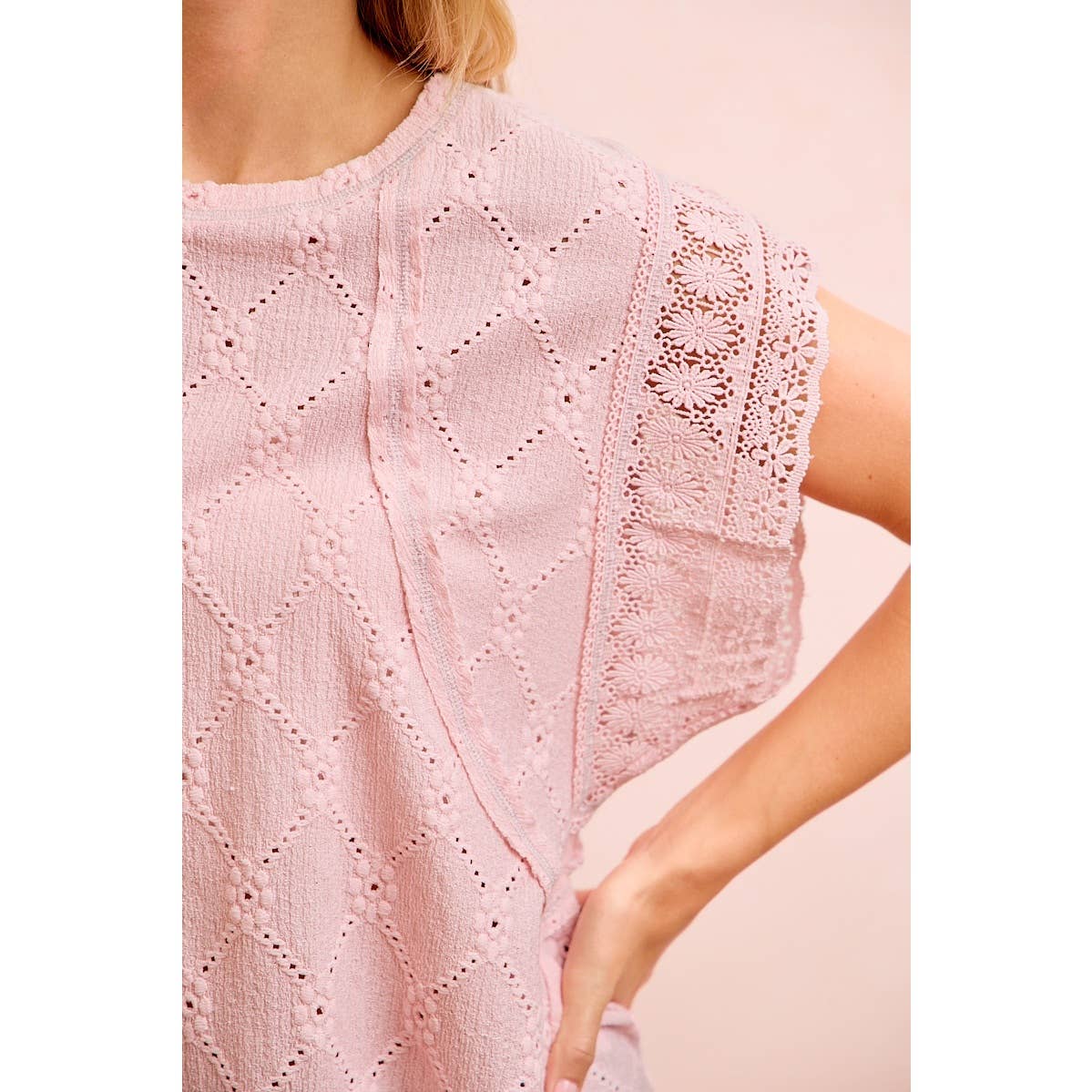 PRECIOUS PINK FLOWER EYELET KNIT CROCHET TRIM SLEEVES TOP