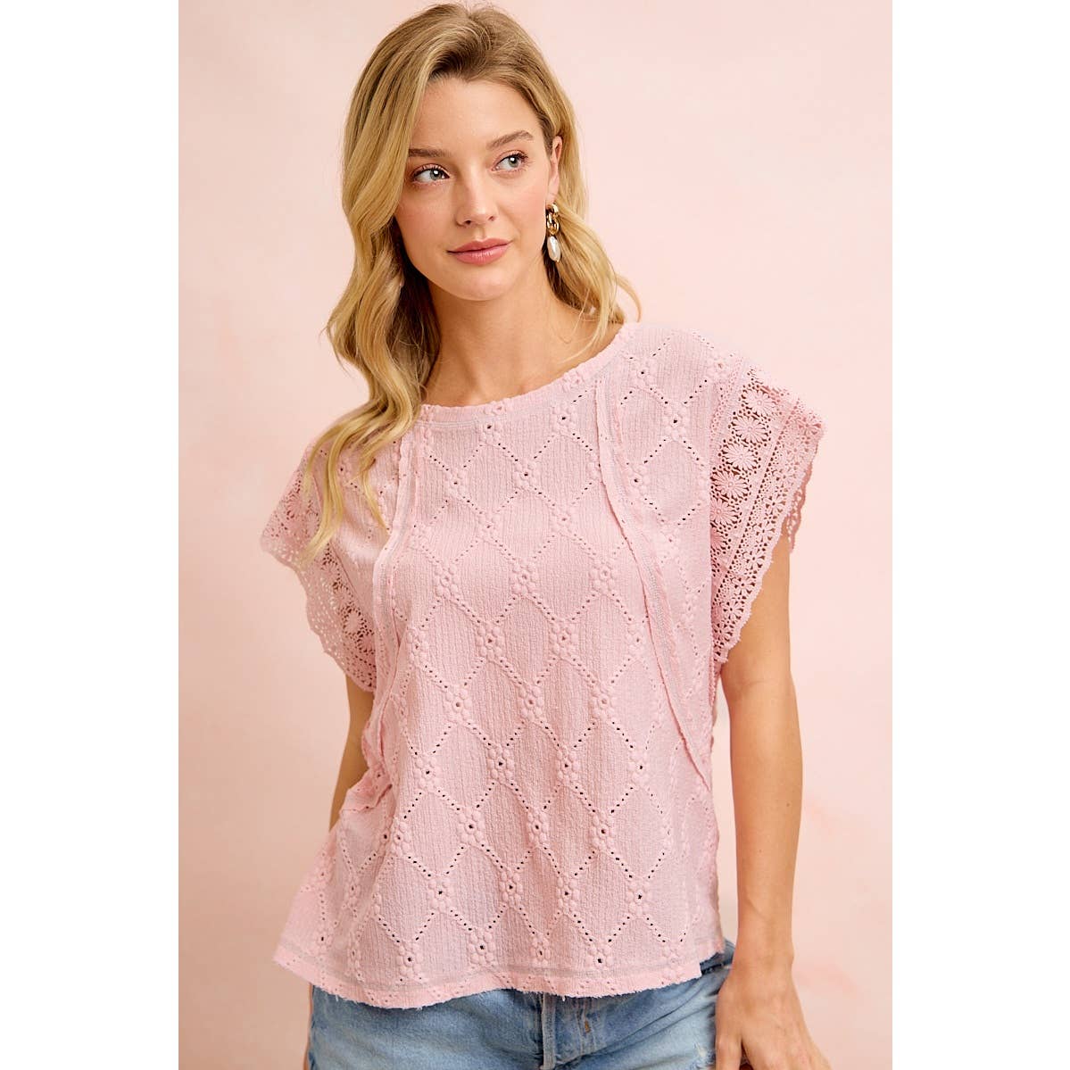 PRECIOUS PINK FLOWER EYELET KNIT CROCHET TRIM SLEEVES TOP